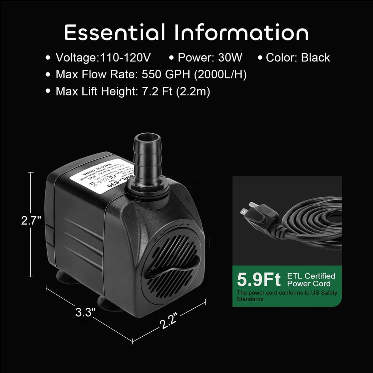 Black submersible water pump with 3-nozzle threaded fittings and power cord