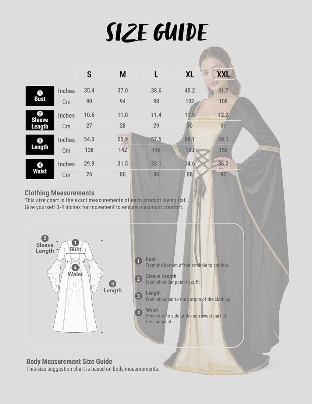 Size guide illustration showing black velvet renaissance dress with cream satin panel and cape sleeves