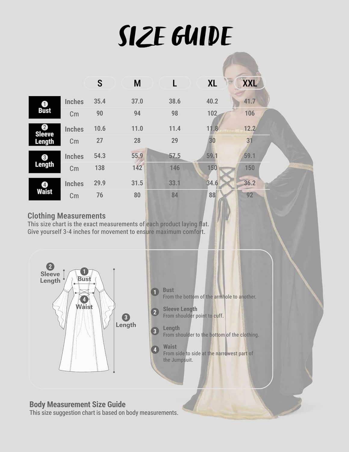 Size guide illustration showing black velvet renaissance dress with cream satin panel and cape sleeves