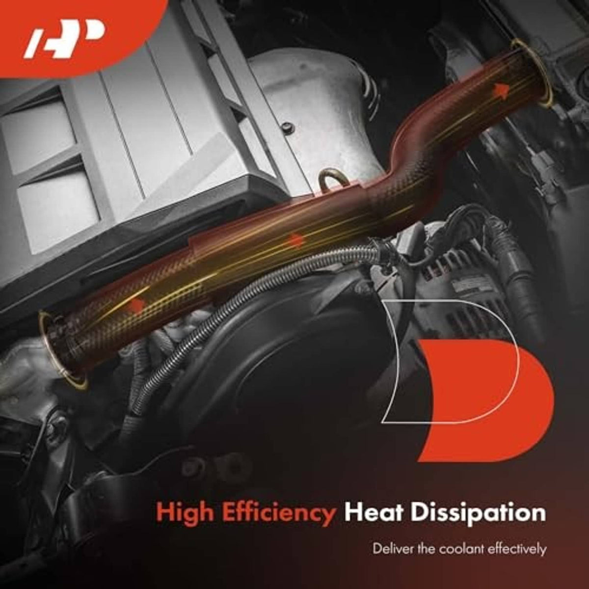 Black radiator hose with heat-dissipation styling in engine-bay view