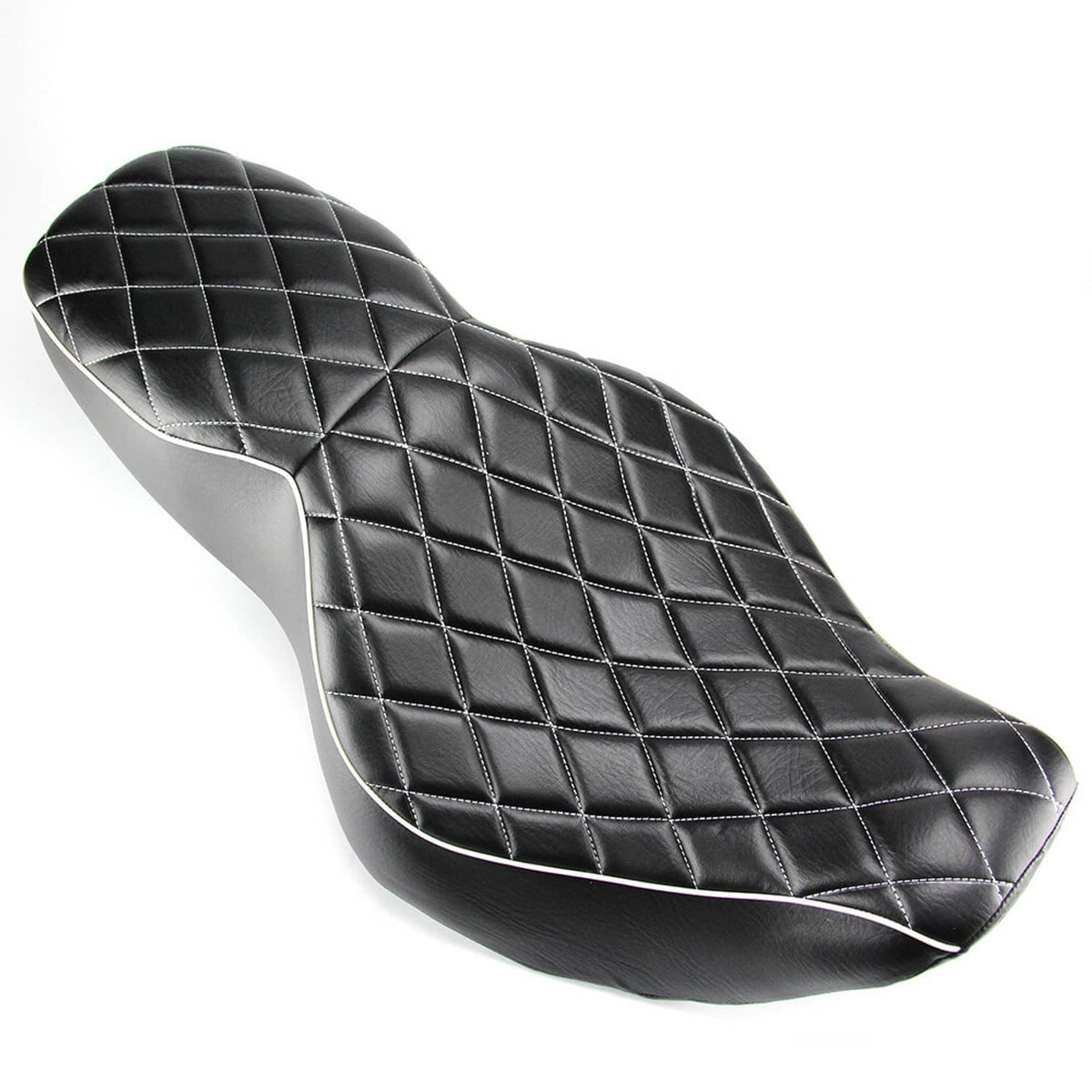 Two-up motorcycle seat, black with diamond quilted pattern and white trim edge