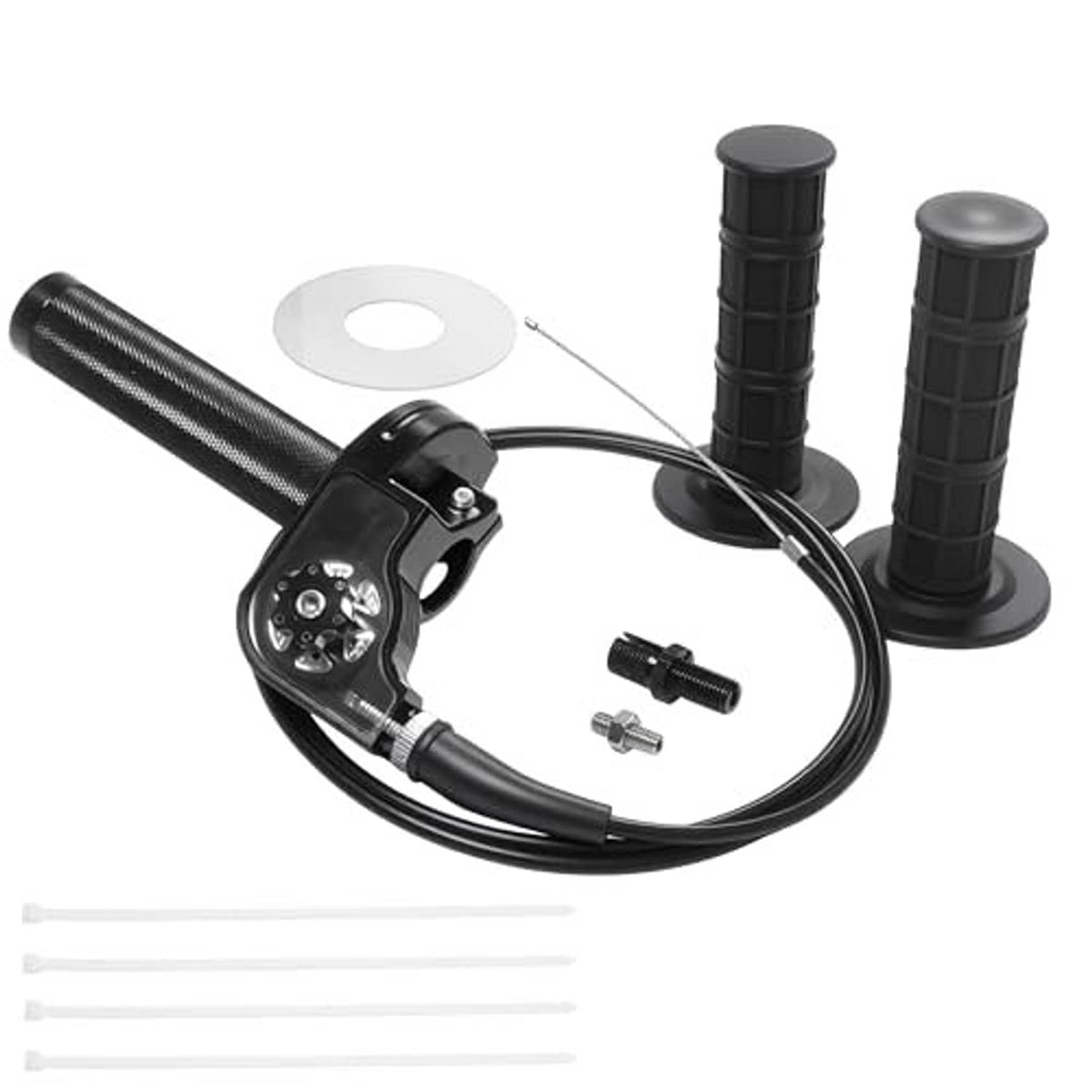 Motorcycle throttle assembly with black textured grips, control housing, and cable