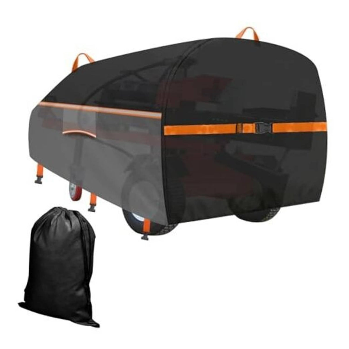 Log splitter cover, dark gray/black with orange stripe and drawstring hem