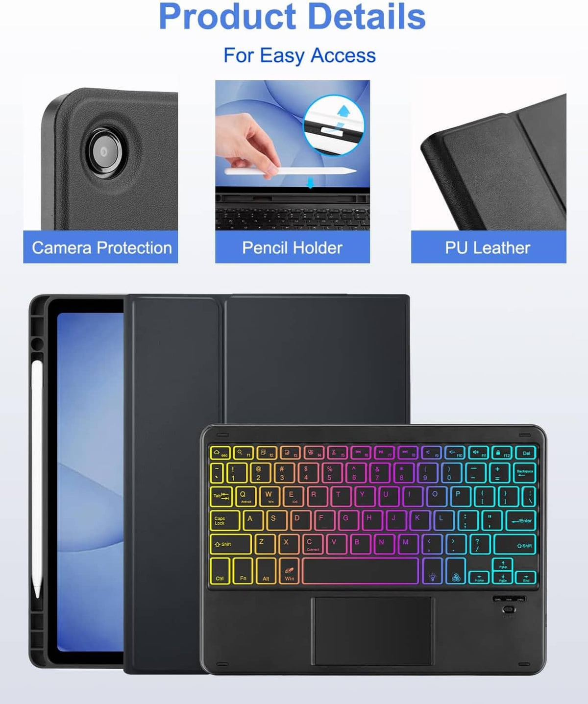 Black keyboard case with camera cutout, pencil holder, and foldable stand
