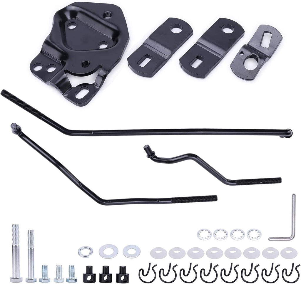 4-speed shifter linkage kit with black rods, brackets, and mounting hardware