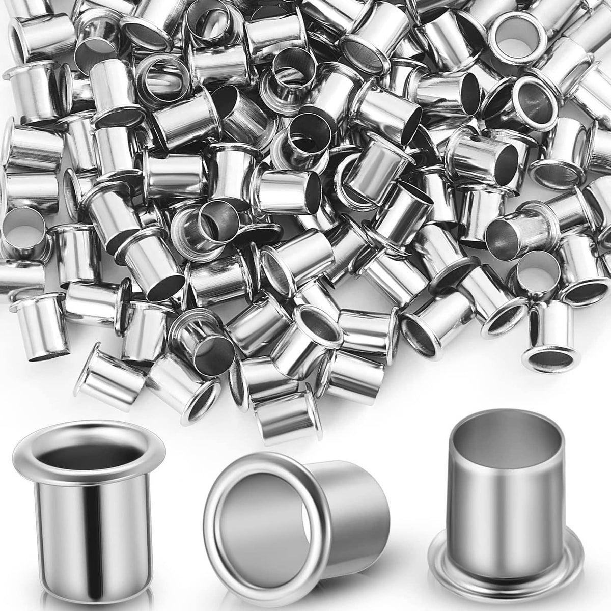 Silver shelf pin sleeves, 1/4 inch cabinet shelf support sleeves (assorted pile).