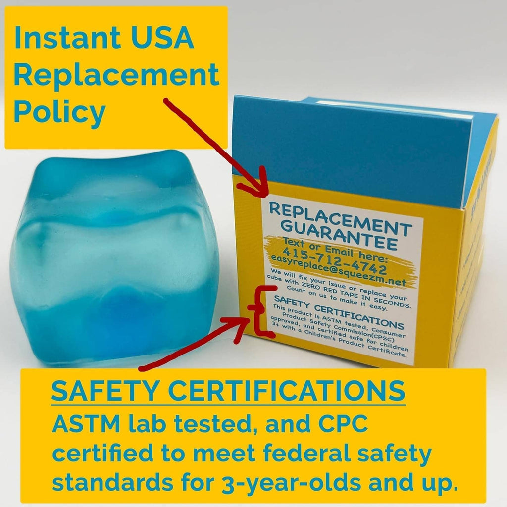 Blue large stress cube beside packaging with replacement policy label