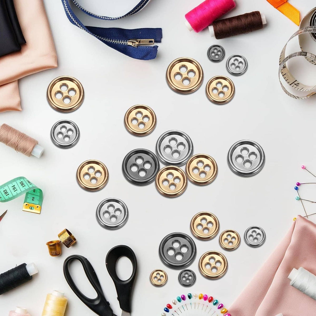 Mixed set of 4-hole metal sewing buttons in gold-tone and dark silver tones