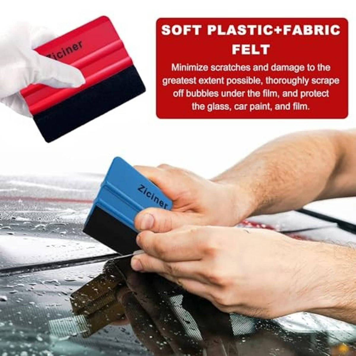 Hands using a blue felt edge squeegee on a wet car surface for vinyl smoothing