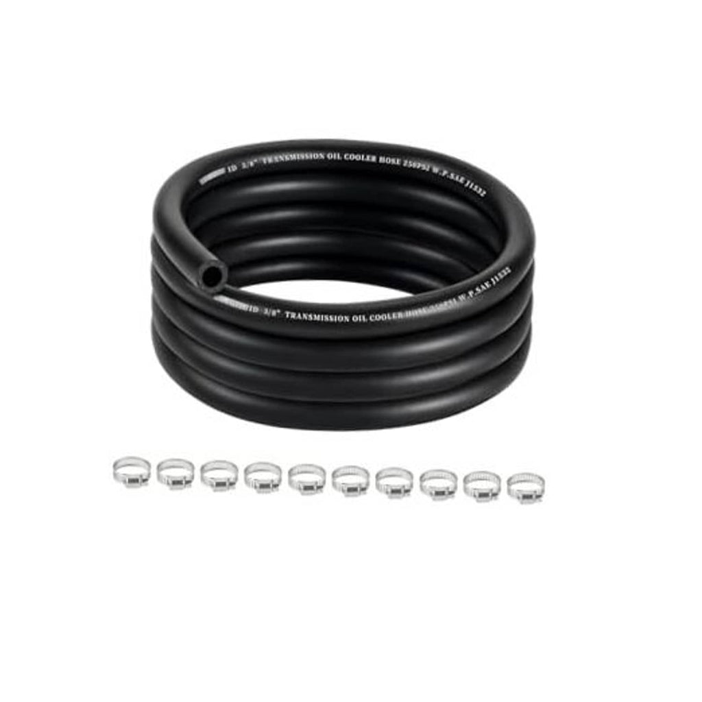 Black transmission cooler hose coil, 3/8 in ID, 10 ft loop and fittings