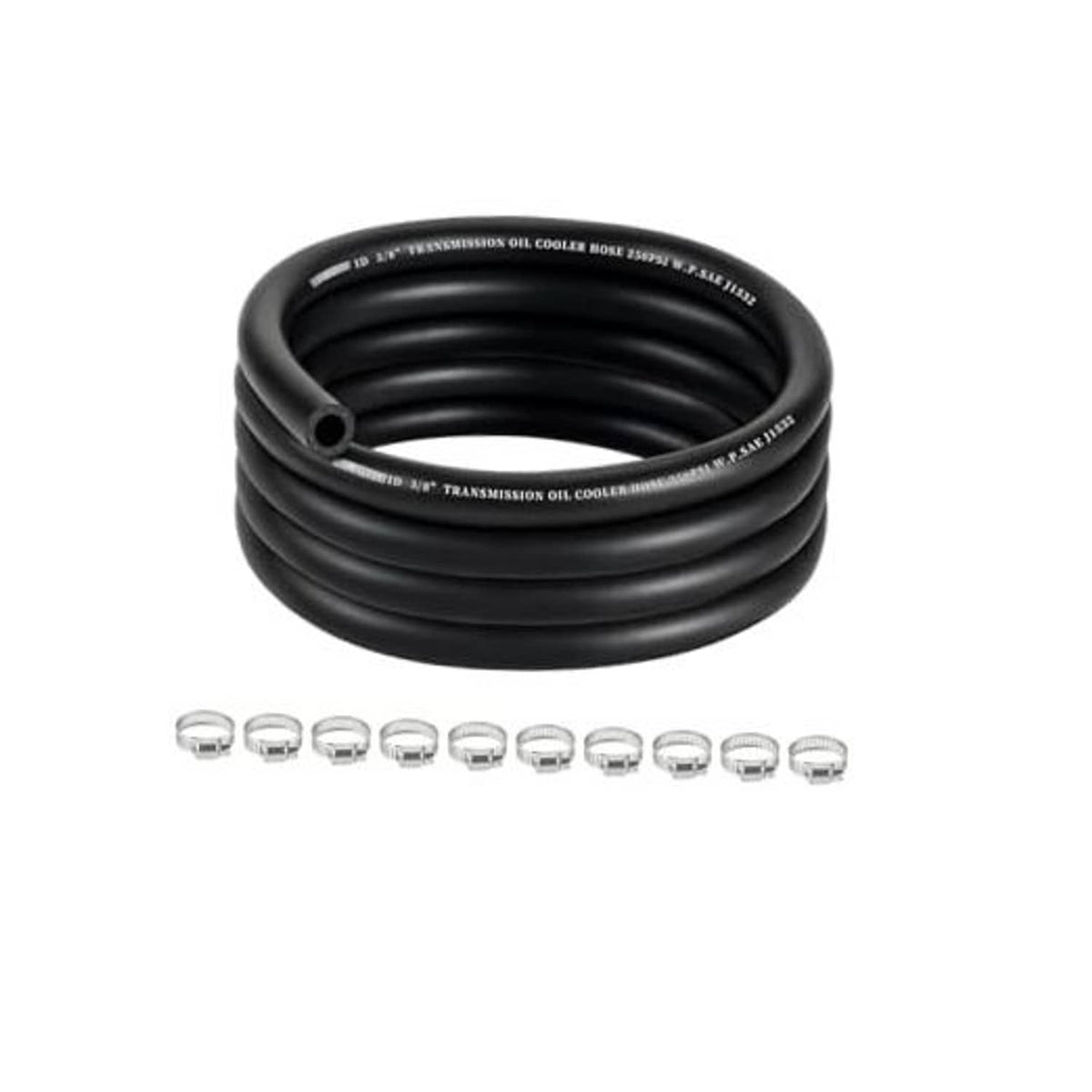 Black transmission cooler hose coil, 3/8 in ID, 10 ft loop and fittings