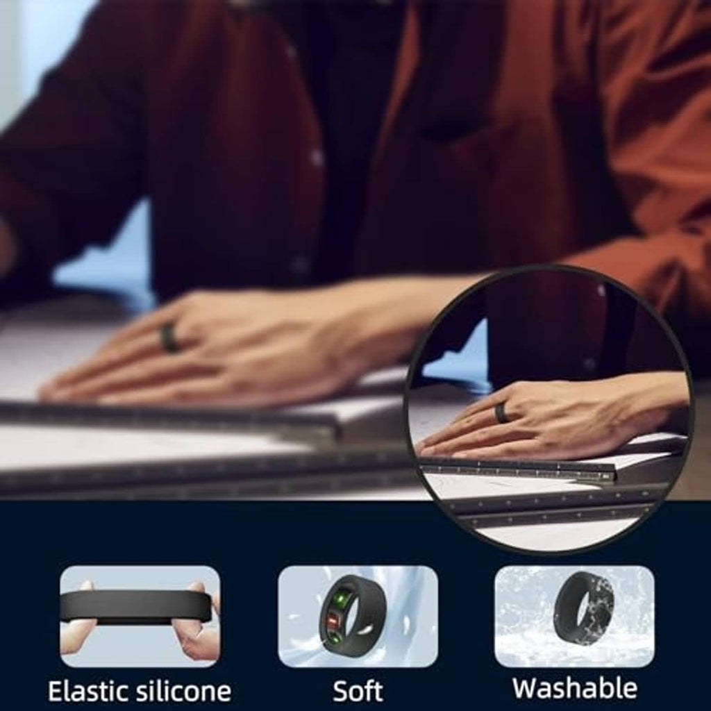 Black silicone ring cover with open LED display window, shown in close-up views