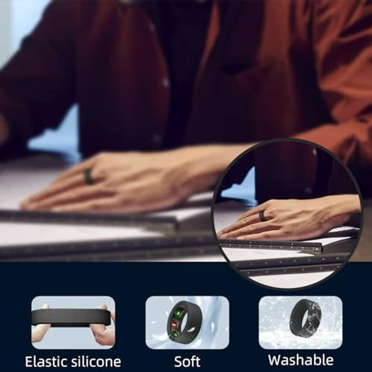 Black silicone ring cover with open LED display window, shown in close-up views