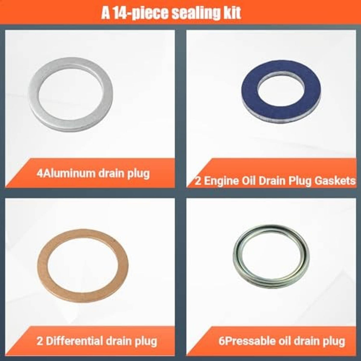 14-piece sealing kit with blue, copper, and silver engine and differential drain plug gaskets