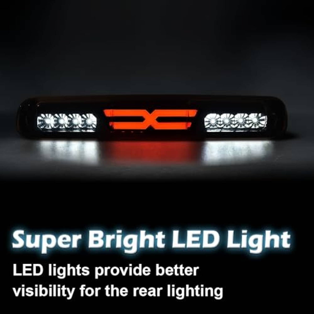 LED third brake light with smoke lens, bright red center X and side LED clusters