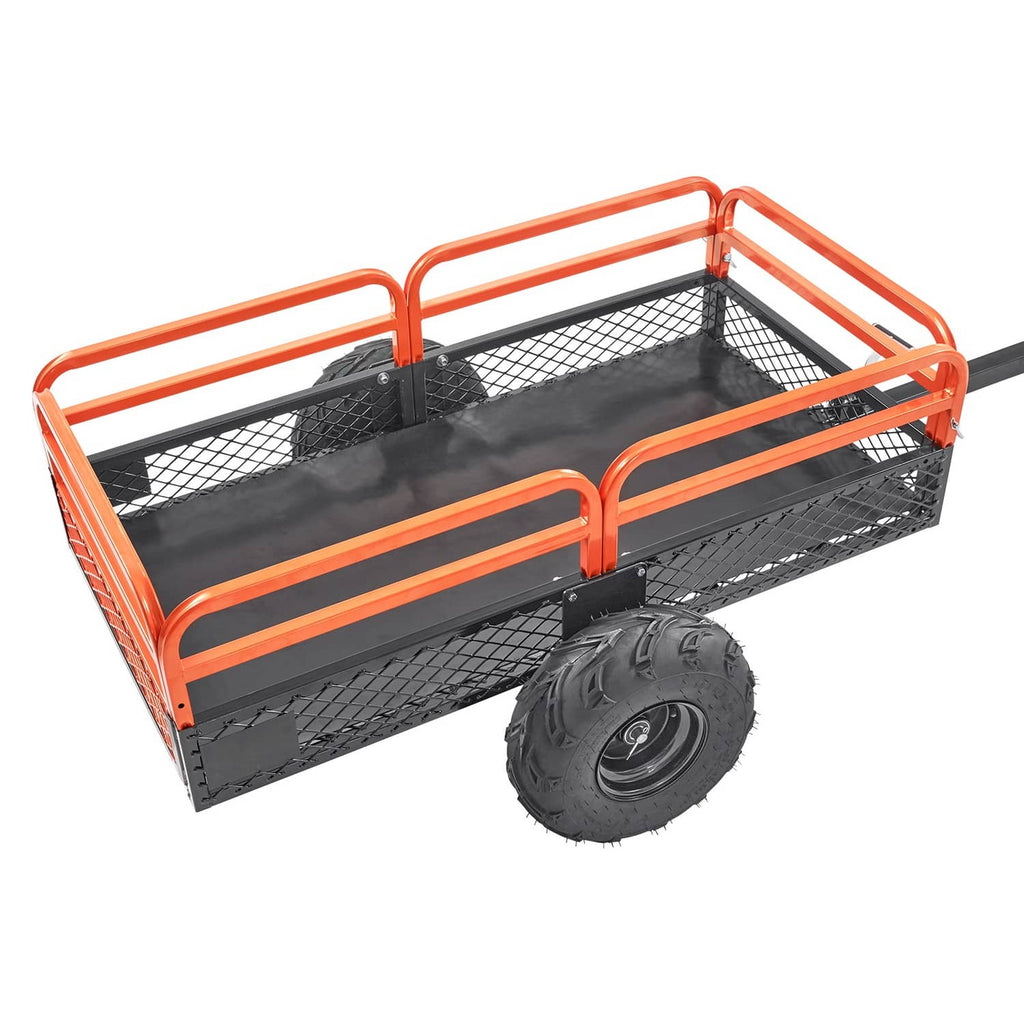 Tow-behind dump cart with orange tubular rails, black mesh sides, large single tire