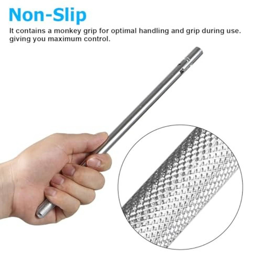 Metal tire valve stem tool with knurled grip held in hand