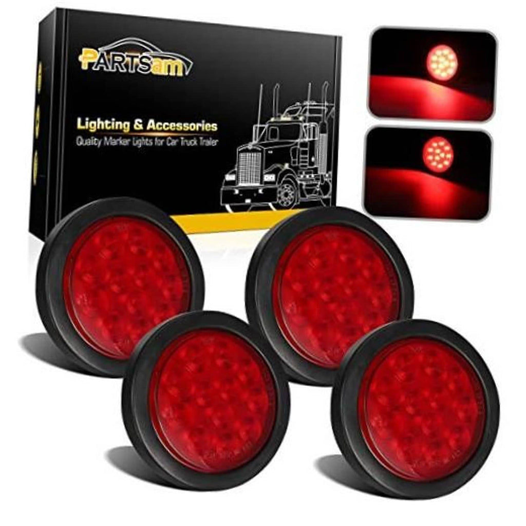 Set of four 4-inch round red LED trailer tail lights with black housings