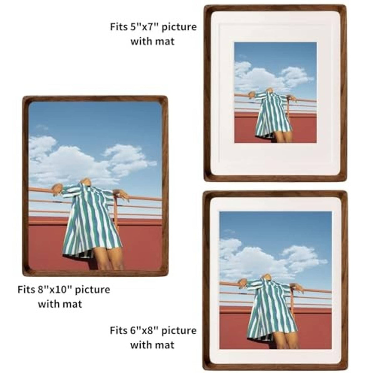 Walnut wood picture frames showing multiple sizes with white mats, front view
