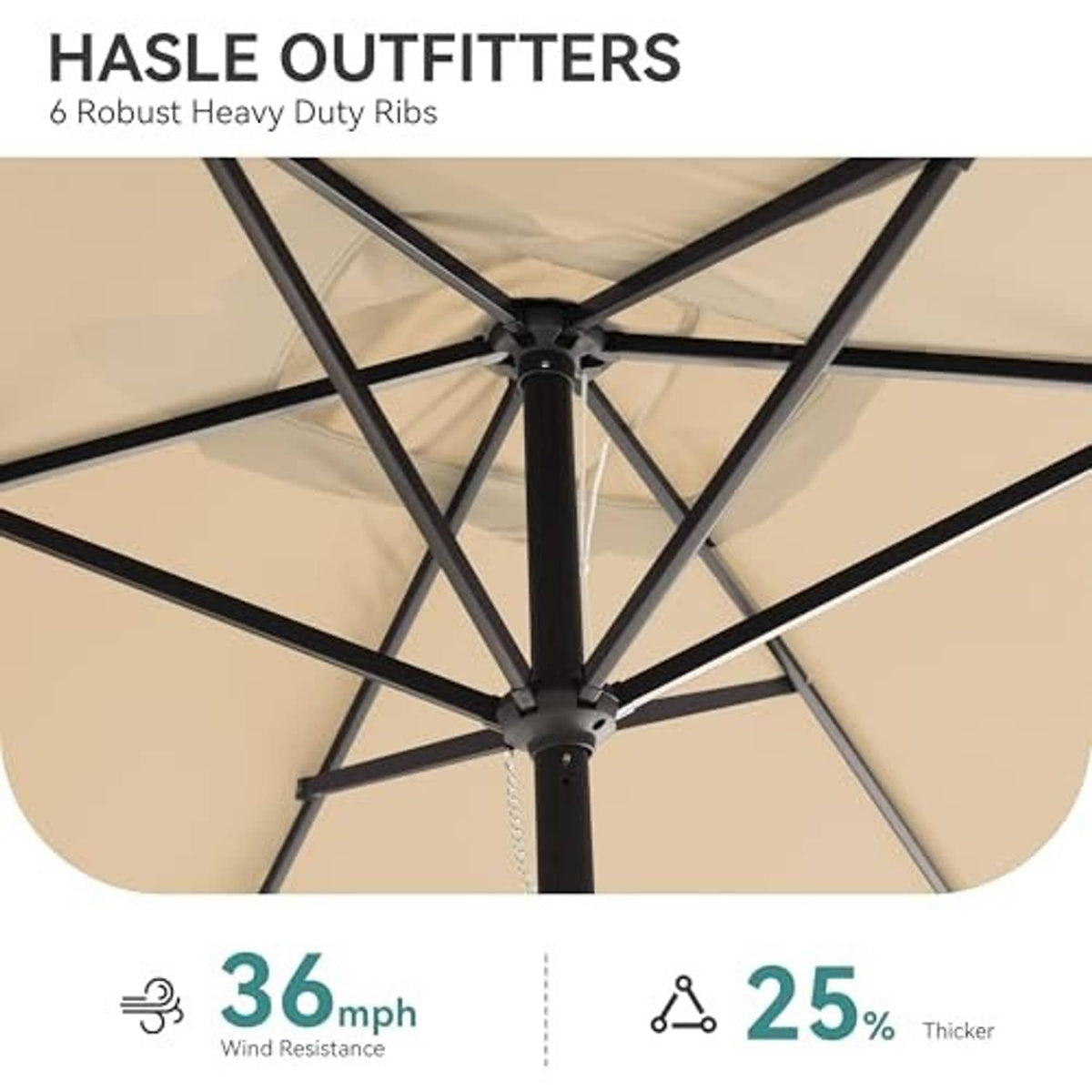 Beige patio umbrella underside showing heavy-duty ribs and central hub