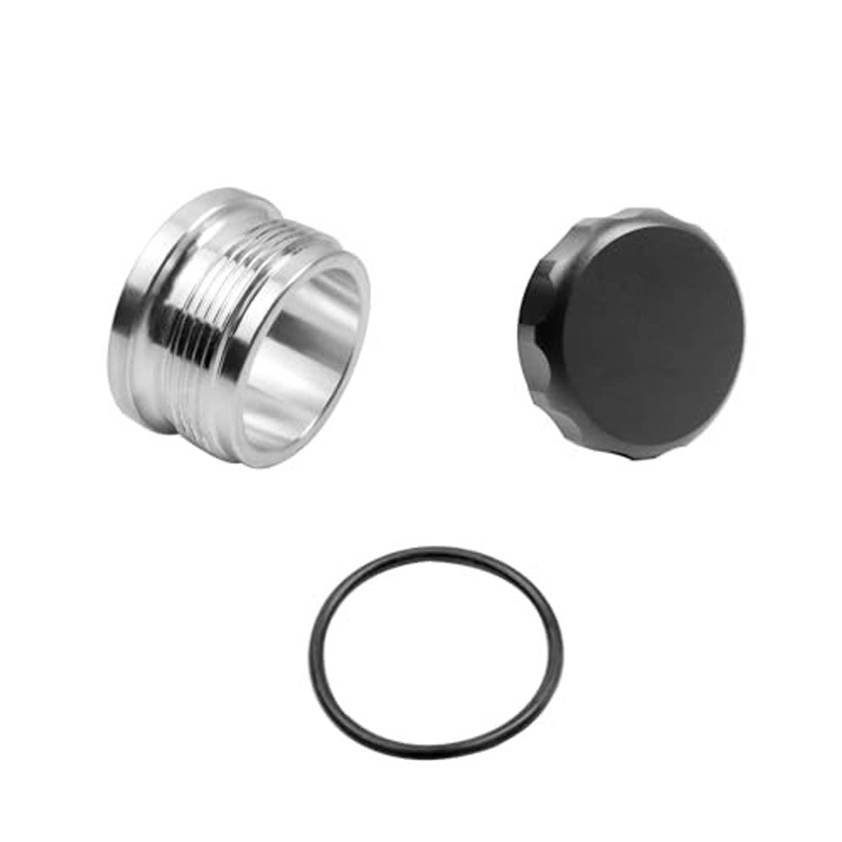 Fuel filler neck cap kit with threaded metal insert, black cap cover, and gasket