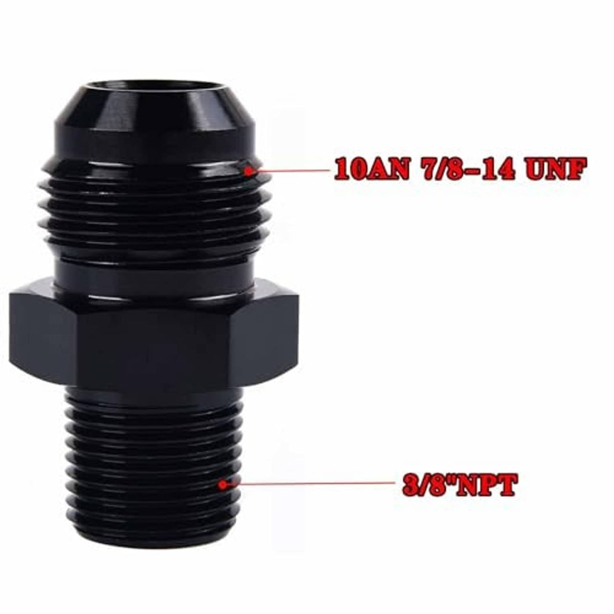 Black aluminum AN flare to 3/8 NPT male adapter, two threaded ends
