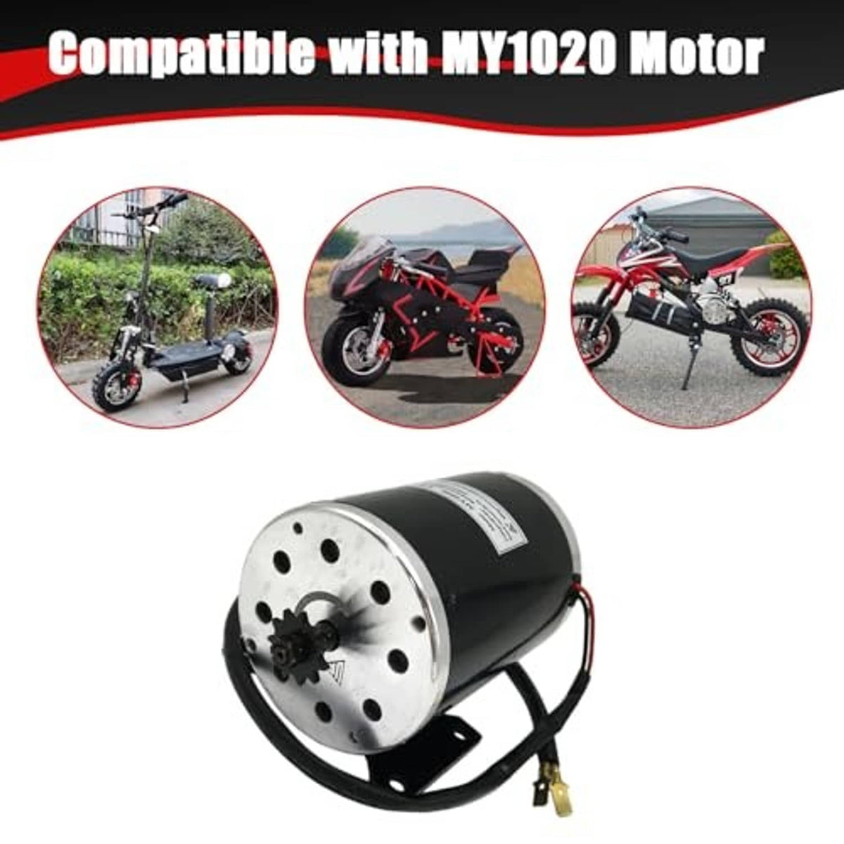 Black motor sprocket with mounting plate and chain, shown with compatibility graphics