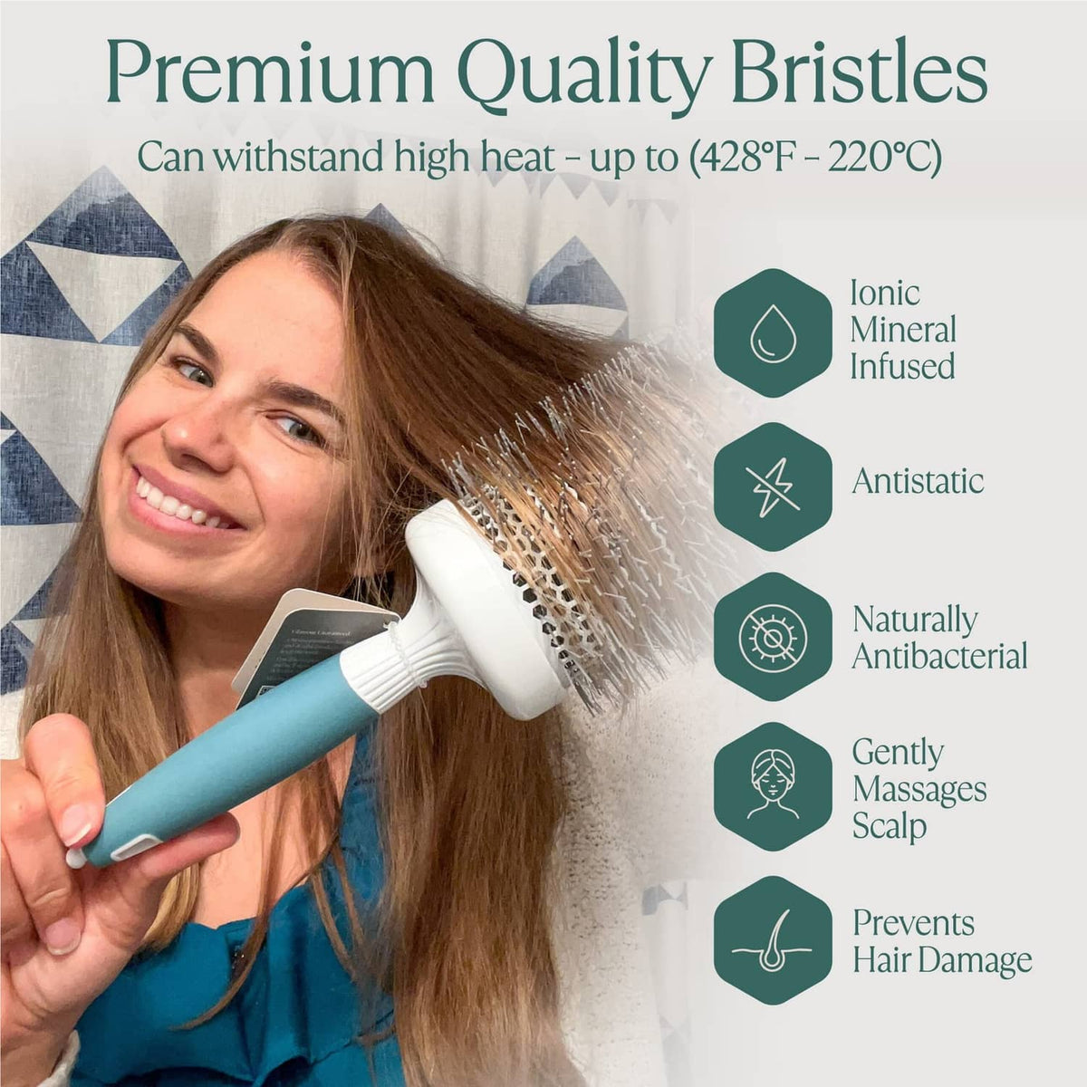 Round ceramic hair brush with silver bristles and white barrel, teal handle