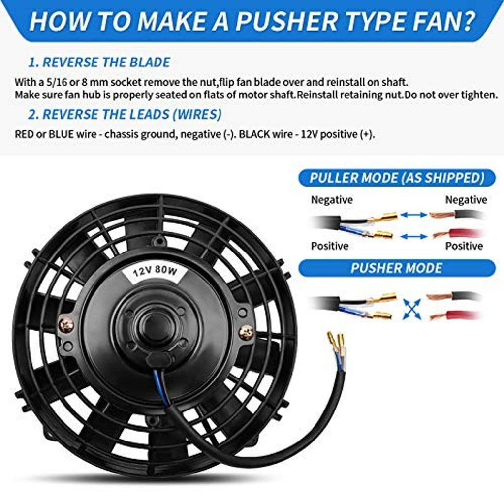 12V radiator cooling fan showing push/pull wire lead directions and connections