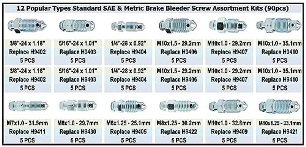 Brake bleeder screw assortment sizes chart with SAE and metric screw types