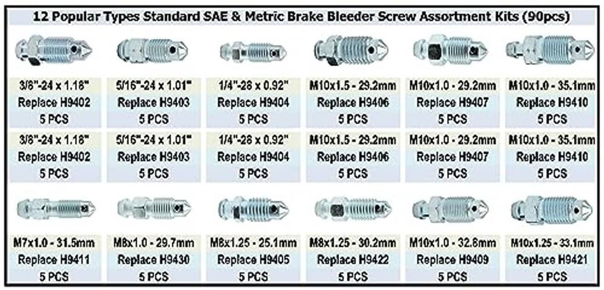 Brake bleeder screw assortment sizes chart with SAE and metric screw types