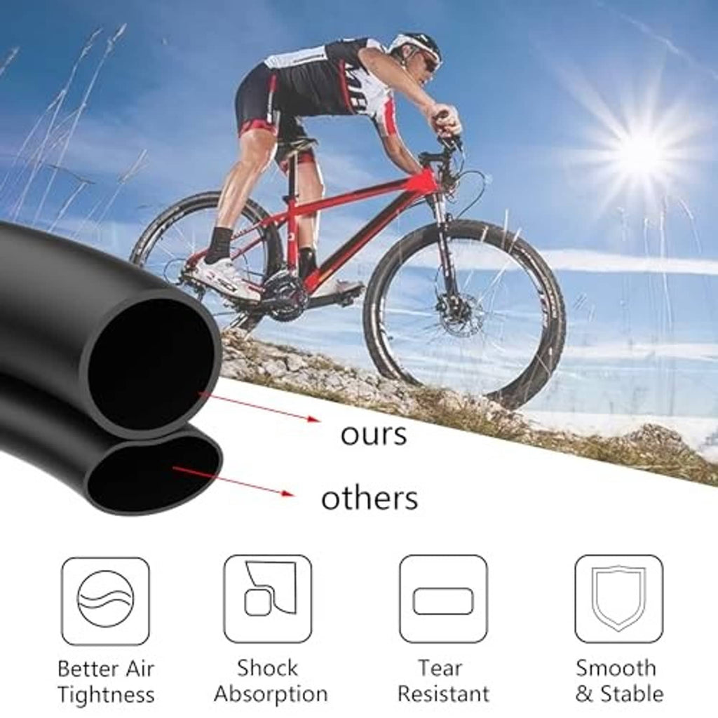 Black bicycle inner tube cross-sections with air-tight and puncture-resistant icons