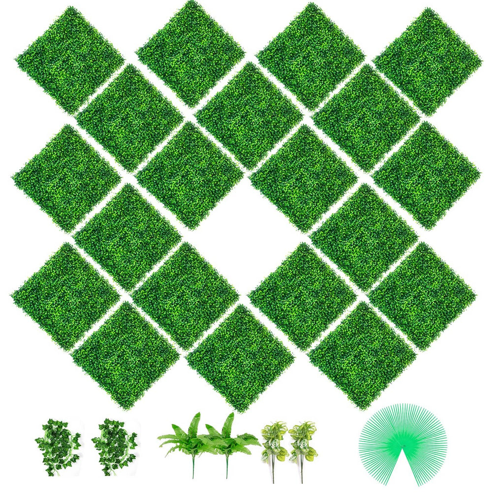 Set of artificial boxwood square tiles forming a lattice panel in bright green