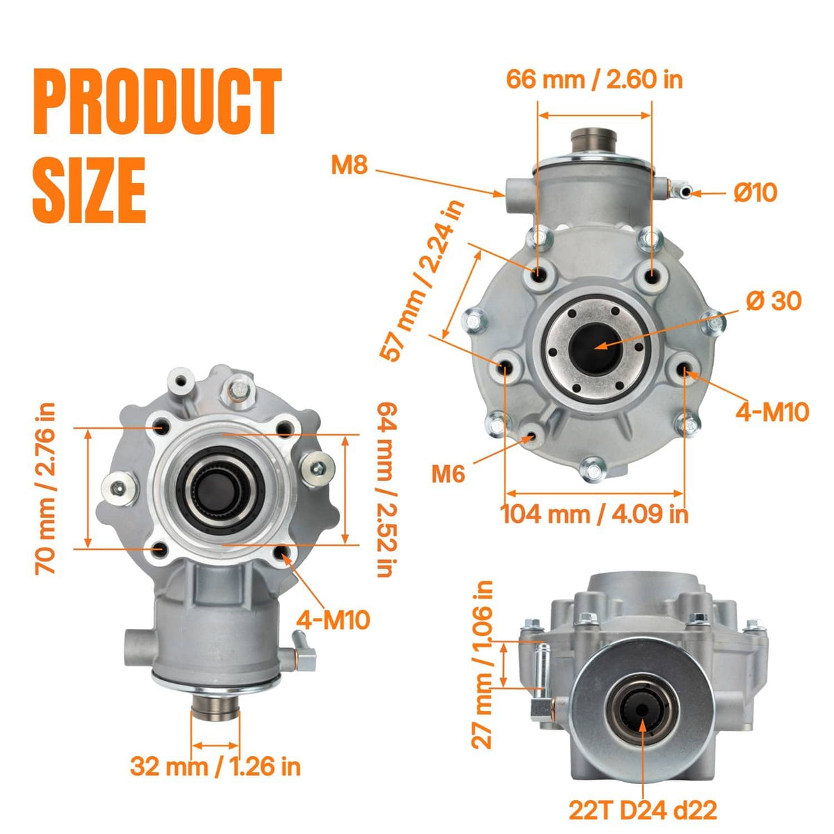 Rear differential assembly size diagram with labeled measurements in mm and inches