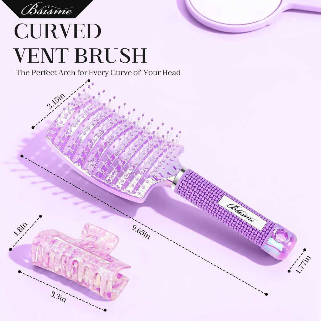 Curved vent brush in purple with measurement callouts and included clip attachment
