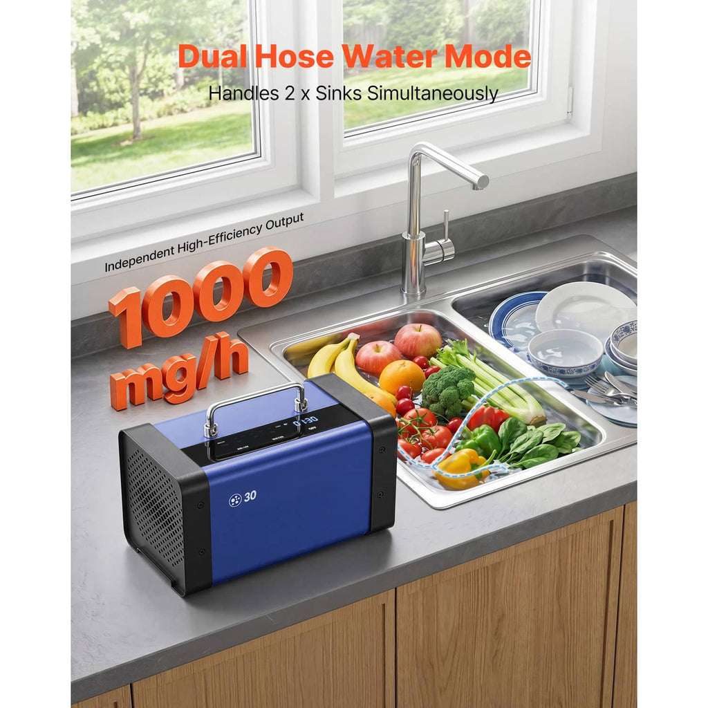 Blue ozone generator in dual hose water mode, connected to two sink hoses.