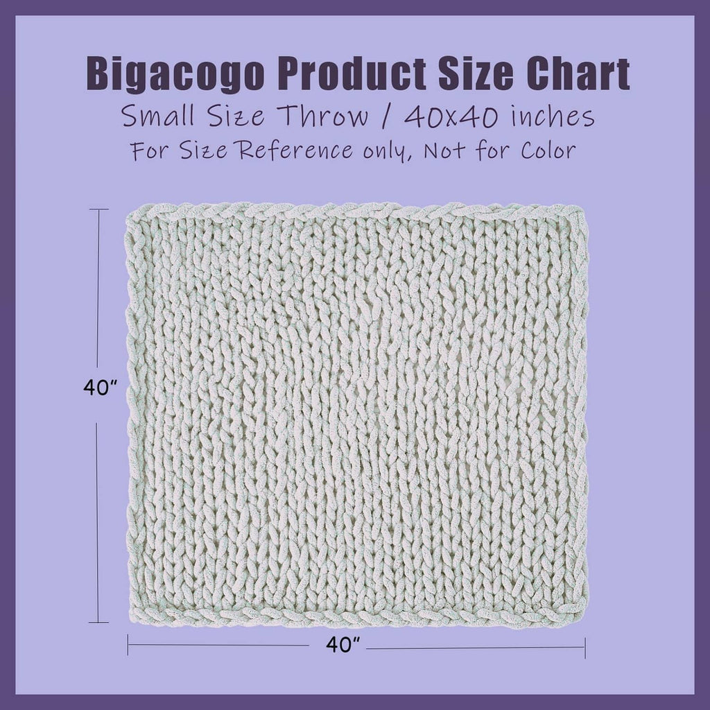 Small-size throw blanket size chart, 40x40 inches, chunky knit swatch in white
