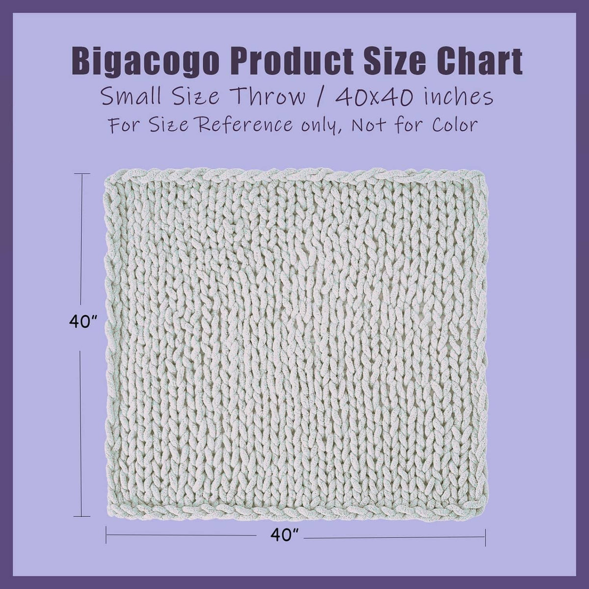 Small-size throw blanket size chart, 40x40 inches, chunky knit swatch in white