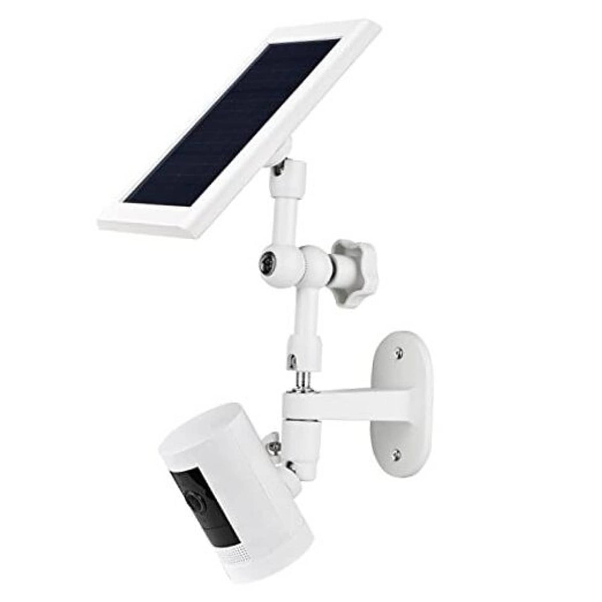 White wall mount kit with solar panel and adjustable camera arm