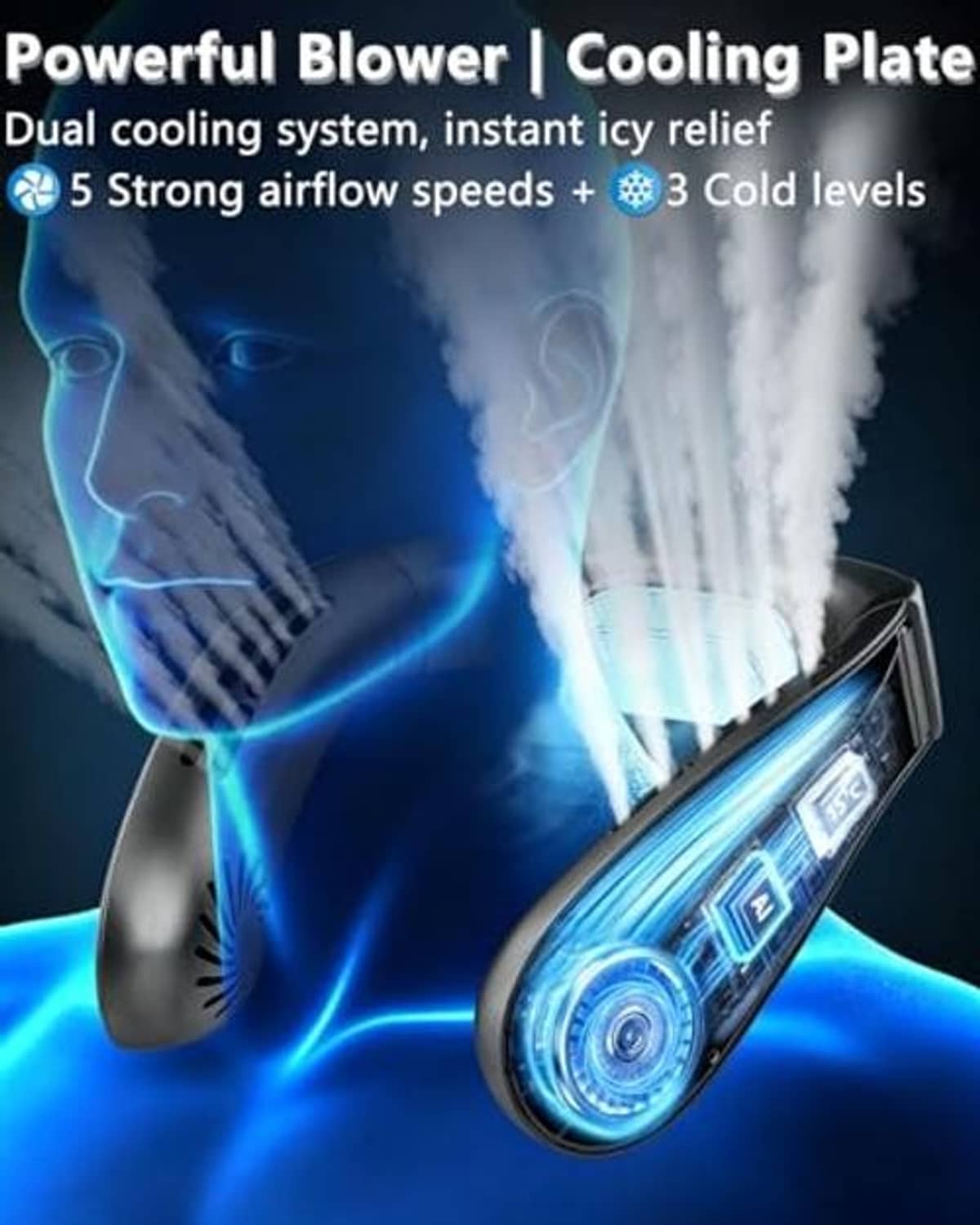 Black neck fan cooling plate with airflow vents and frosty blue cooling effect