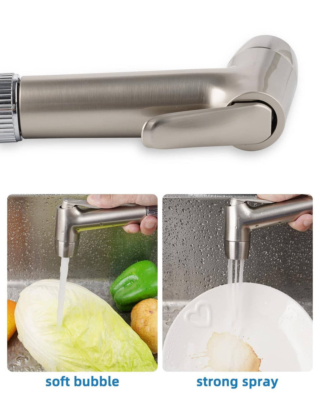 Brushed nickel sink sprayer side faucet with soft bubble and strong spray water streams