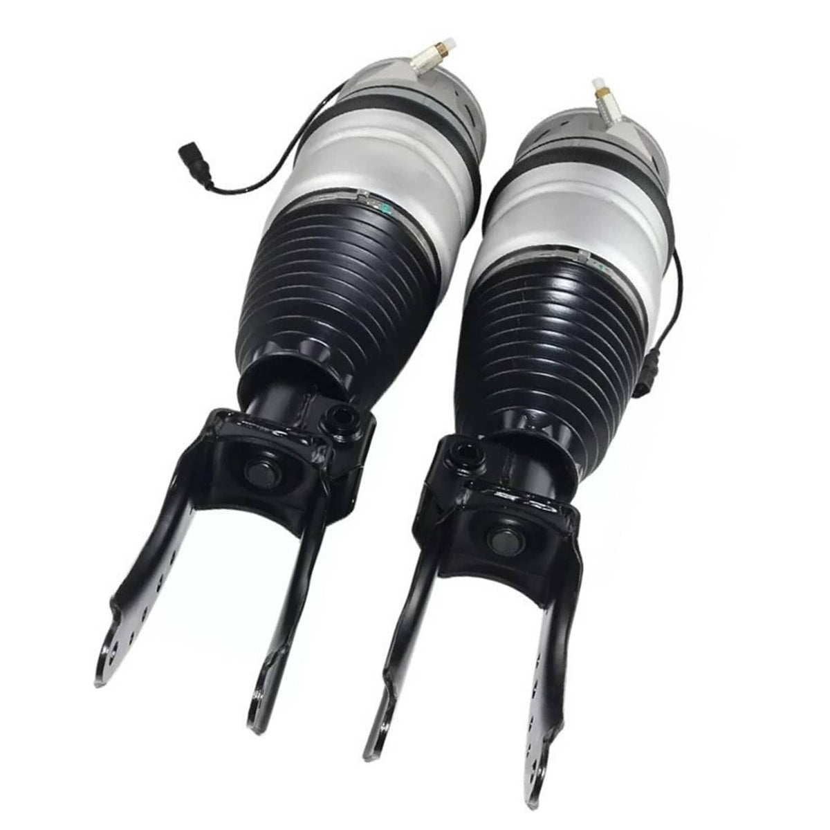 Two silver-and-black air struts with black coil springs and fork-style lower mounts