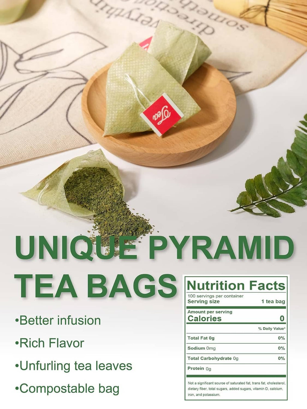Matcha green tea bag pyramid pouches and loose matcha powder on plate