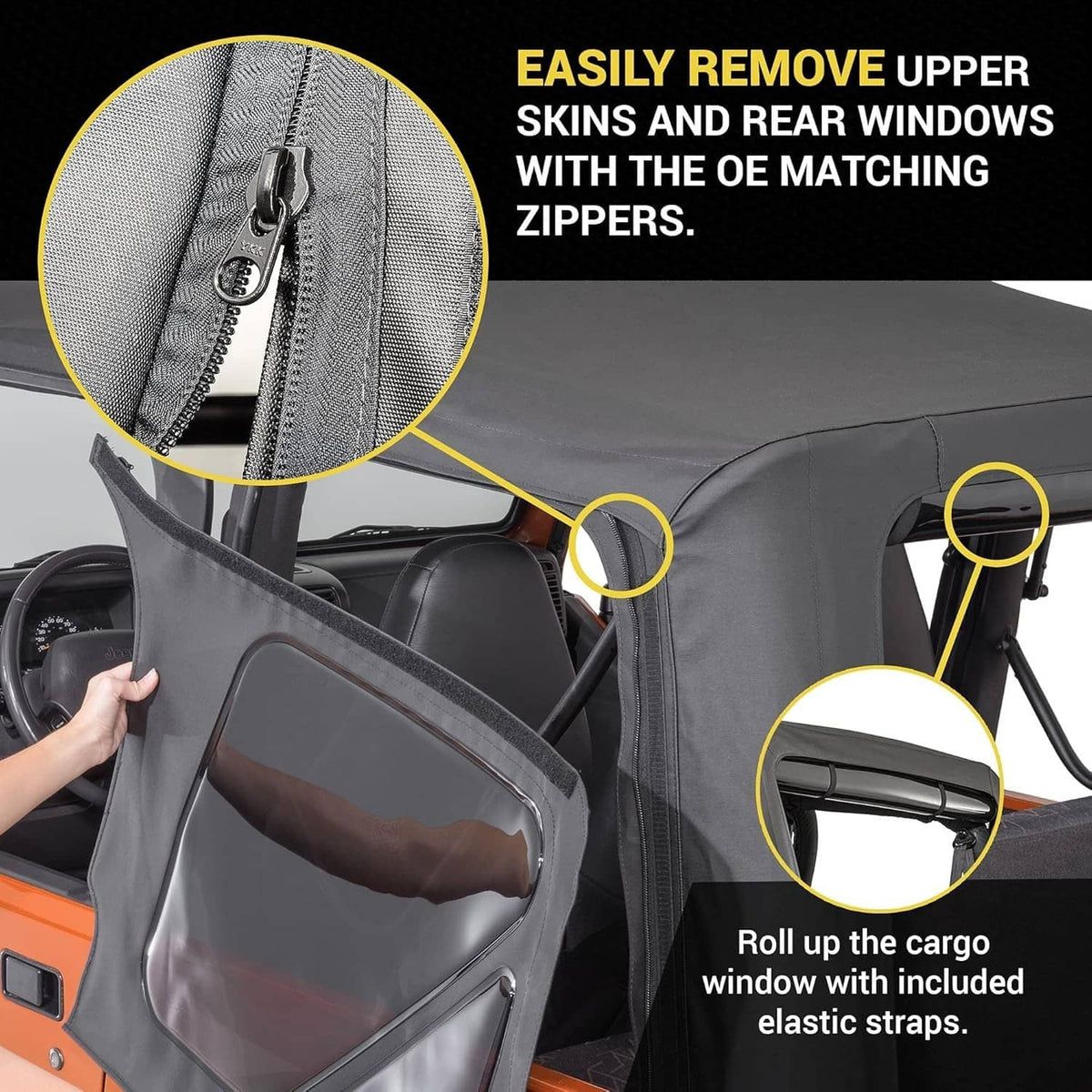 Jeep Wrangler TJ rear soft top with zipper area and rolled cargo window panel