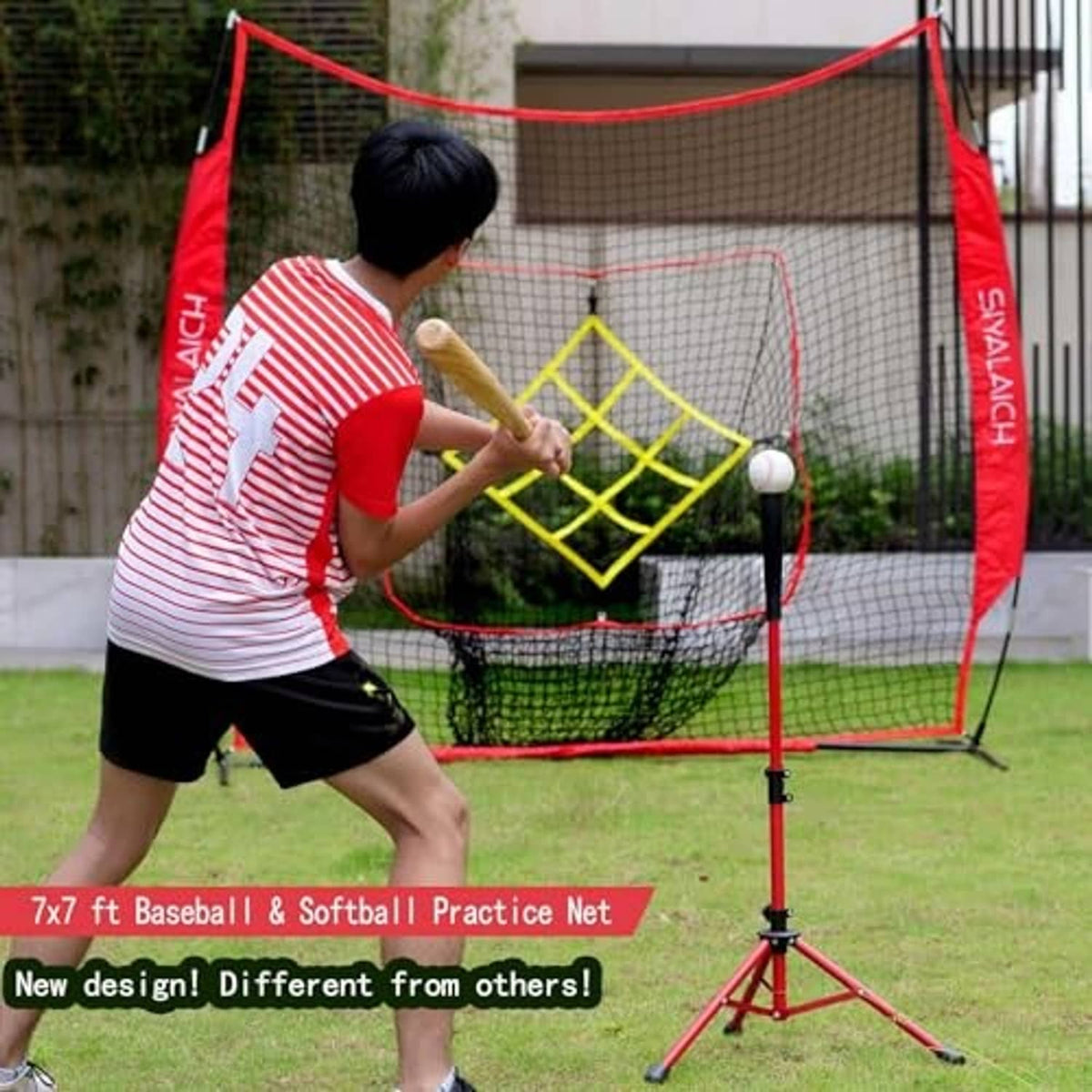 Baseball practice net set outdoors with red frame, white mesh, and yellow target