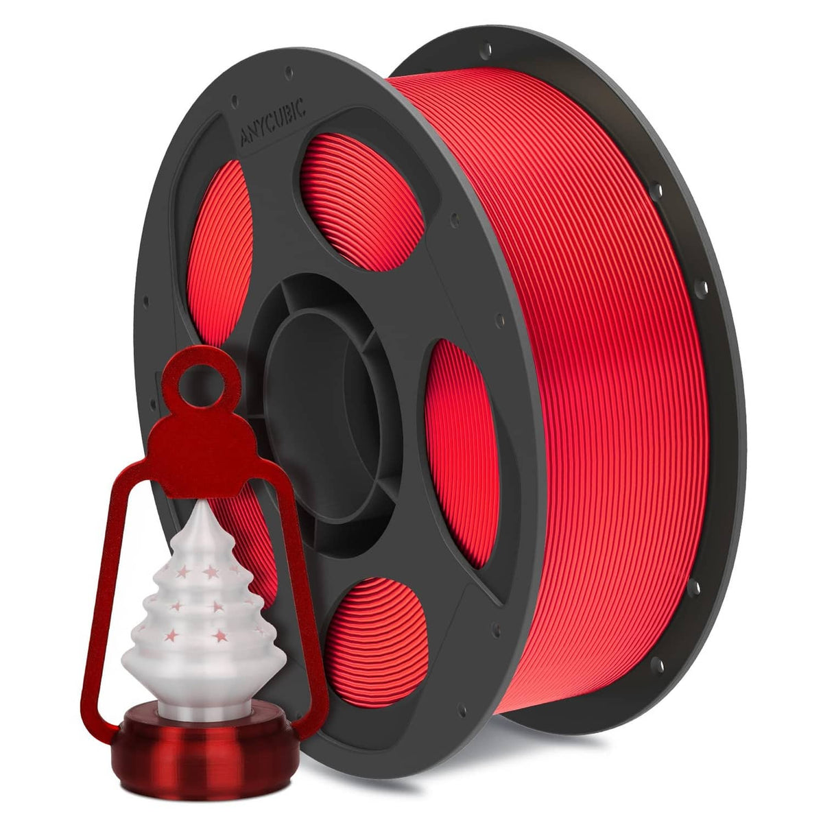 Red PLA silk filament spool with small decorative 3D-printed holiday pieces