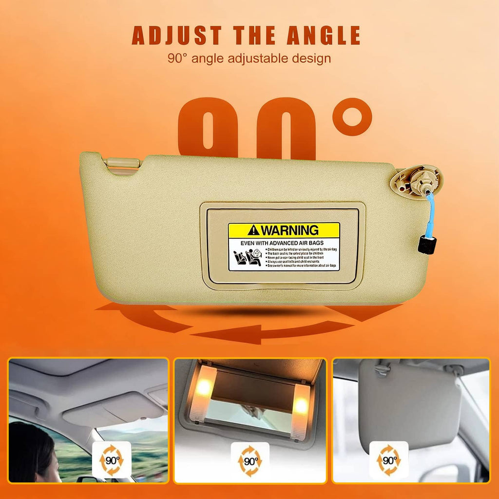 Tan car sun visor with mirror mount, warning label, and blue wiring connector