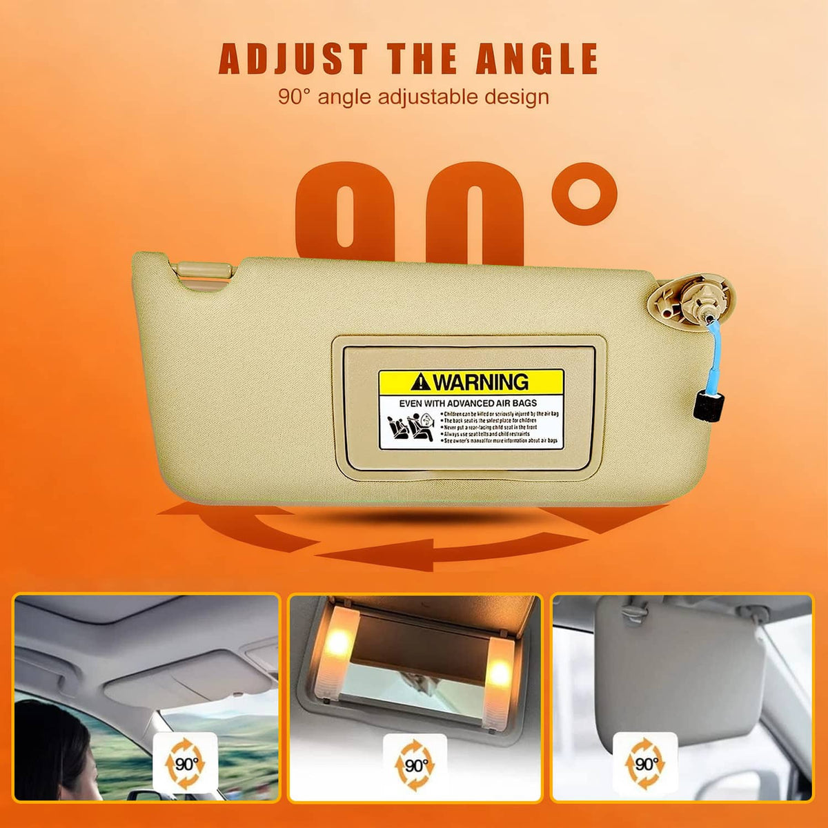 Tan car sun visor with mirror mount, warning label, and blue wiring connector
