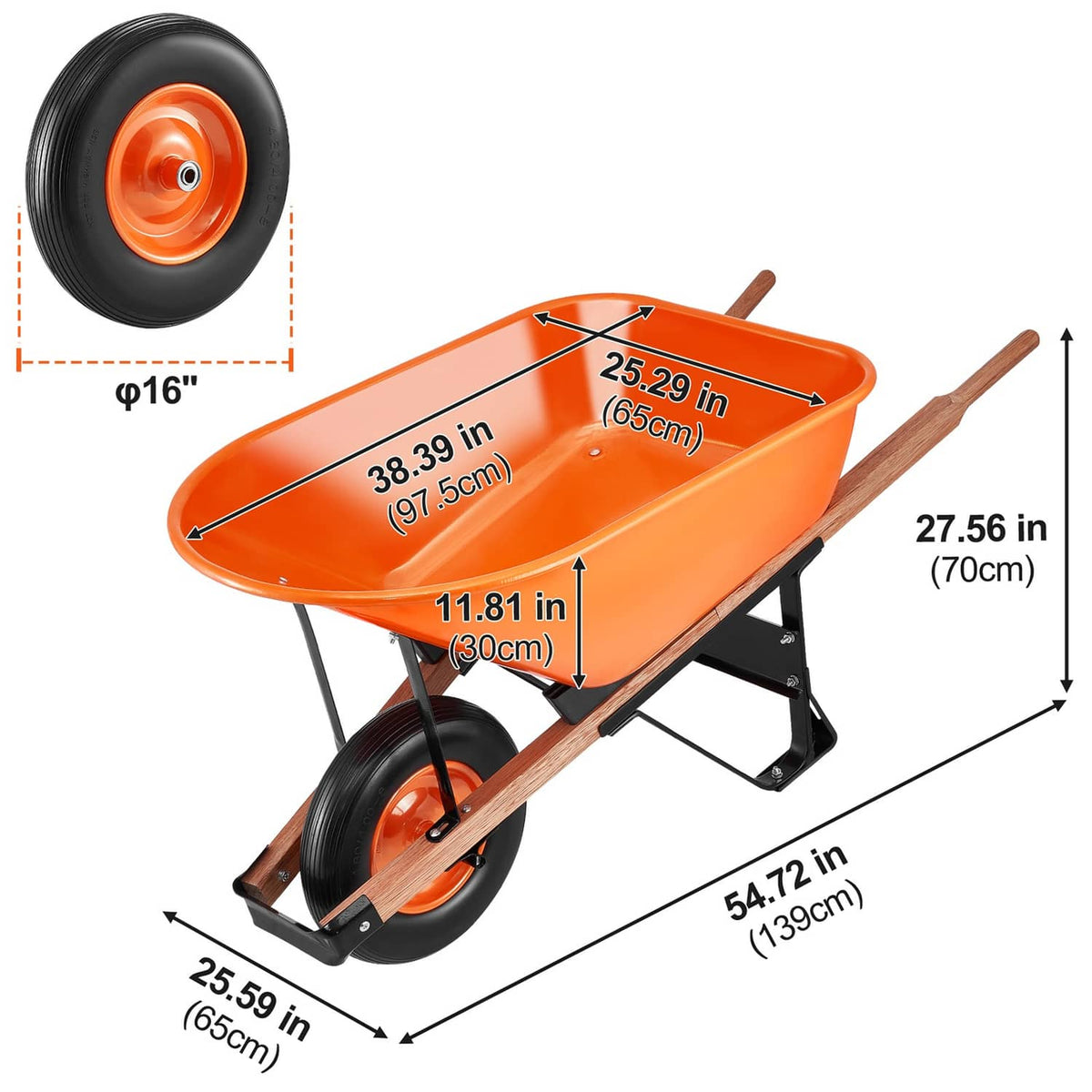 Orange dump cart with black frame and one wheel, labeled size view