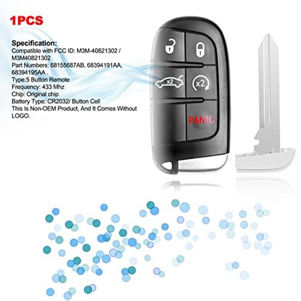 Black key fob with lock/unlock and PANIC buttons, metal key blade, small accessory pieces